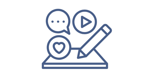 Icons of a pencil, heart, chat bubble, and play button on a tablet