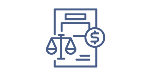 Icon showing documents, a dollar sign, and scales of justice for legal and financial services.