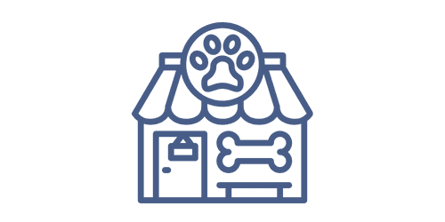 Icon of a pet store with a paw print and bone symbol representing pet services.