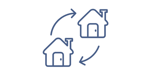 Two house icons connected with circular arrows to represent moving and relocation.
