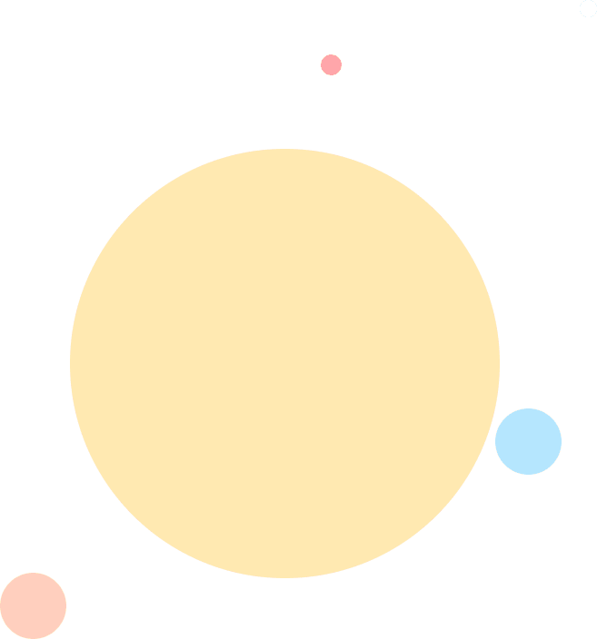 Minimalist illustration of a solar system with a large yellow central circle and smaller pink, light blue, and white orbiting circles on a black background