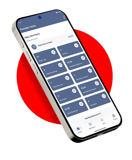 A smartphone screen displaying the home dashboard of a service provider app, featuring financial metrics, bookings, staff list, and performance stats on a modern UI.