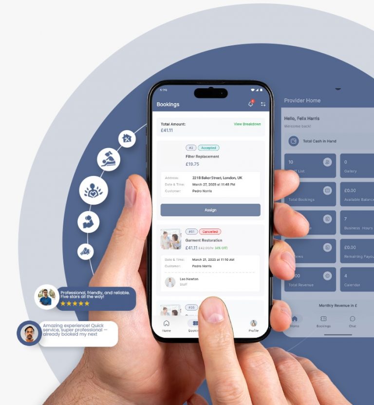 A hand holding a smartphone displaying a booking management app with job details, customer feedback, and scheduling options, surrounded by service icons and user reviews.