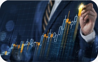 A business professional in a suit analyzing and drawing a rising candlestick chart on a digital screen, symbolizing market growth and financial analytics.