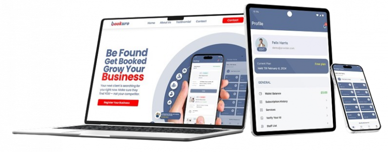 A laptop, tablet, and smartphone displaying a business booking platform interface with features for client engagement, service management, and user profiles.