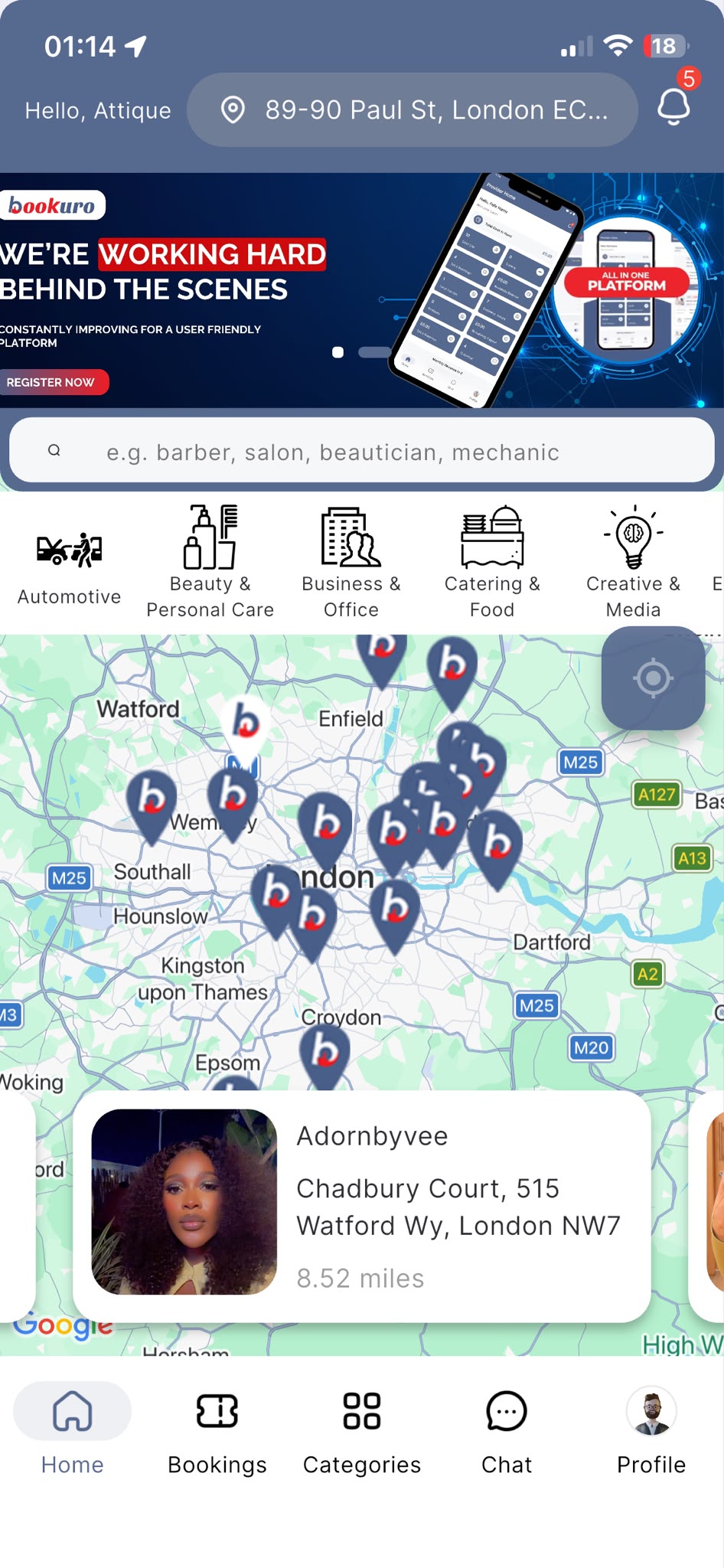 Bookuro app map showing local businesses across every category