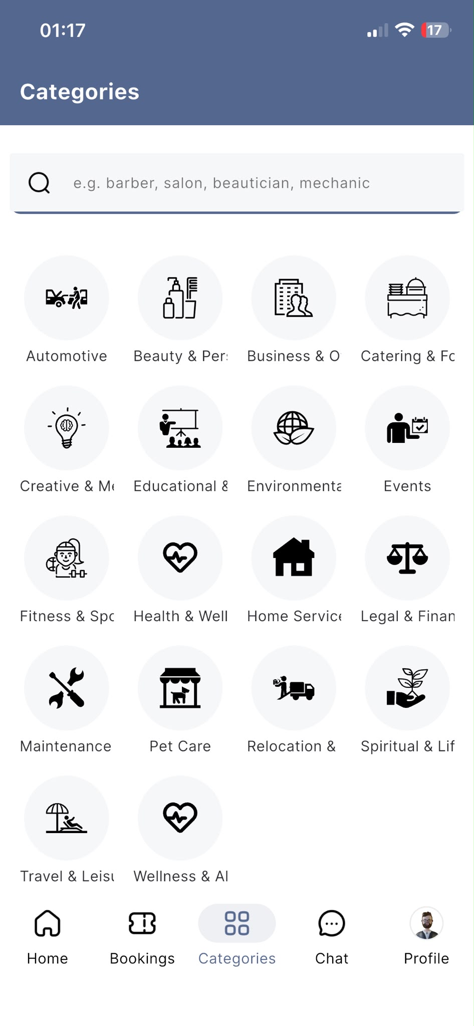 Service categories in the Bookuro app