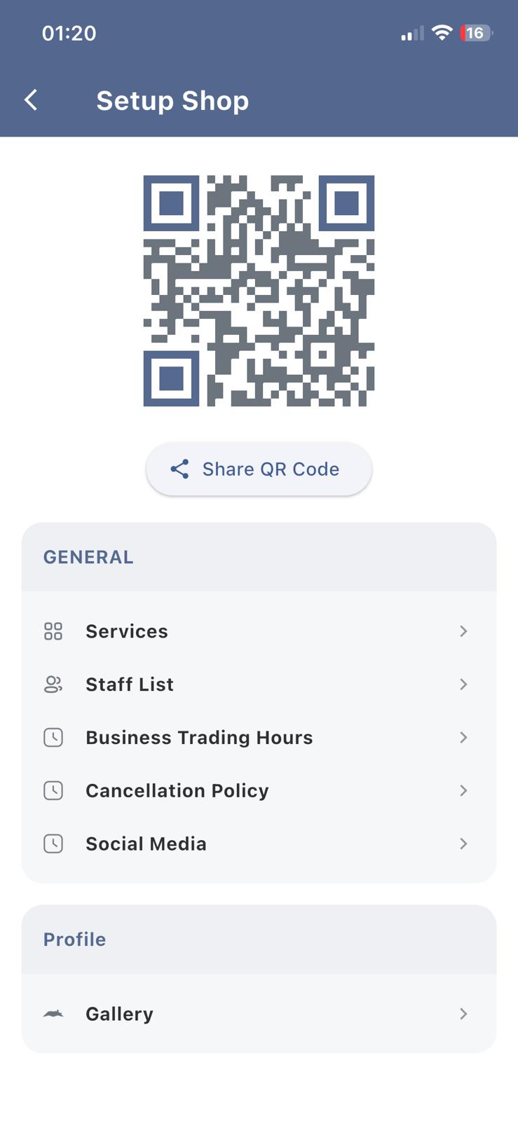 Setup Shop in the Bookuro Partner app with a shareable booking QR code, services, staff, trading hours and cancellation policy