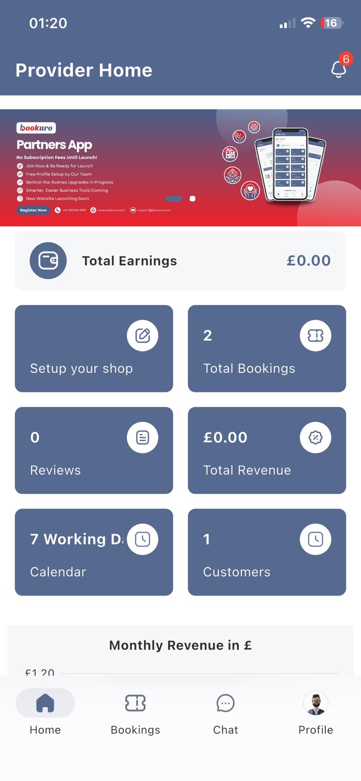 Provider Home dashboard in the Bookuro Partner app showing earnings, bookings, reviews and calendar
