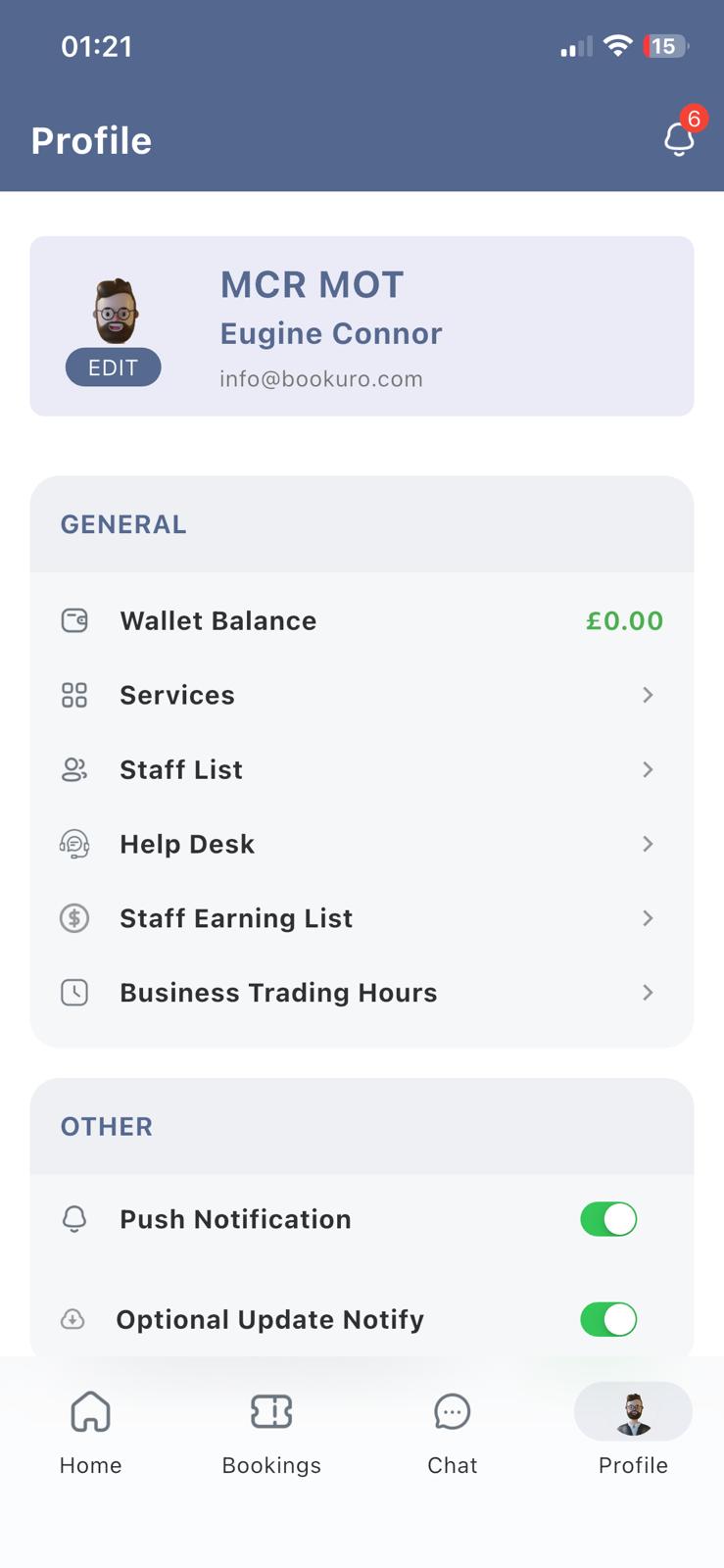 Business profile in the Bookuro Partner app with wallet balance, services, staff list and staff earnings